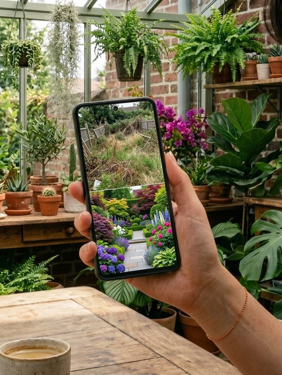 Un téléphone montre le même jardin avant et après son aménagement