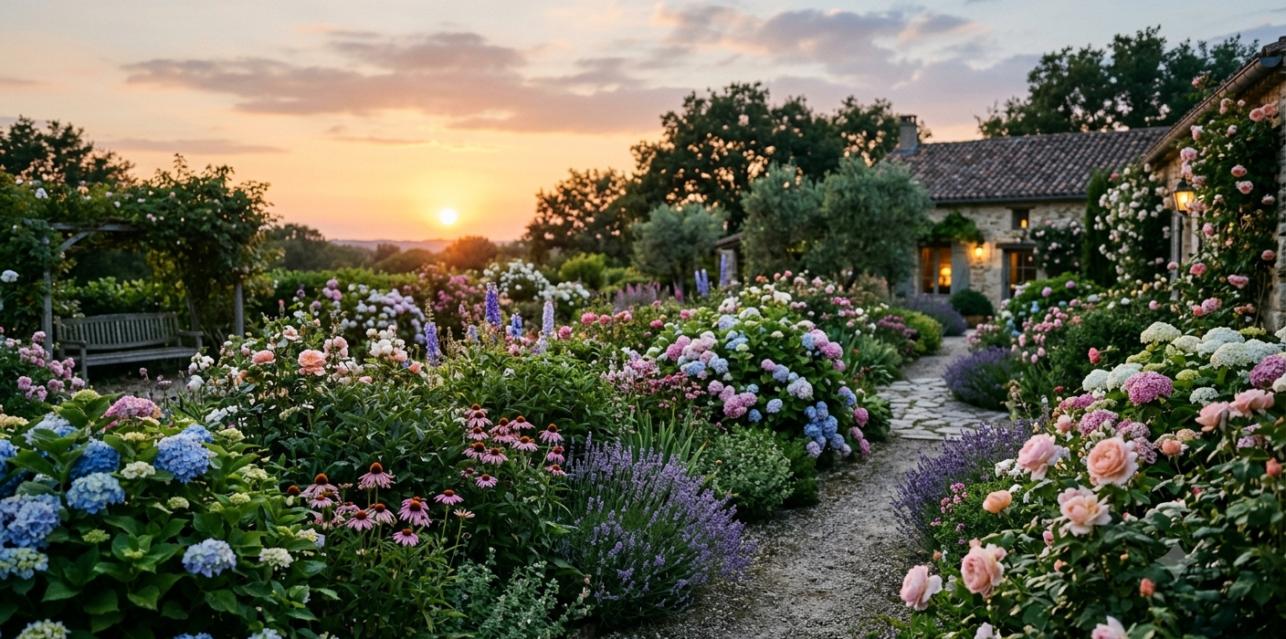 Massif de fleur en soirée