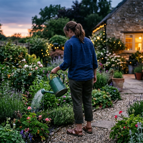 Femme qui arrose son jardin le soir